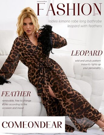 Халат жіночий сексуальний з леопардовим принтом, з пір'ям та мереживом, довгий, великі розміри, для дому, нічна сорочка, бандаж, нічна сукня, халат з поясом, XXL