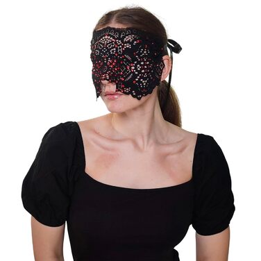 Ручна вишита мереживна маска на обличчя з камінням для жінок, чорна маска для маскараду, балу, карнавалу, весілля, бурлеску, косплею, Марді Гра (чорний колір з червоними каміннями)