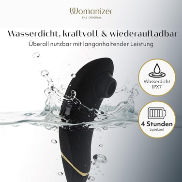 Womanizer Premium - вібратор для клітора з ефектом тиску, чорний та золотий | Інтимна іграшка для жінок | Секс-іграшки для дорослих, для пар | Подарунок для жінок