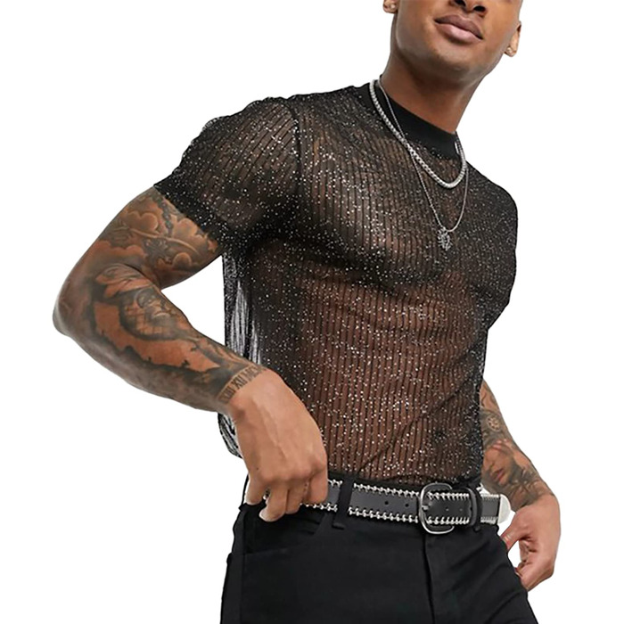 Чоловіча футболка AIEOE з блискучим дизайном - дихаюча клубна футболка з сітки, чорна