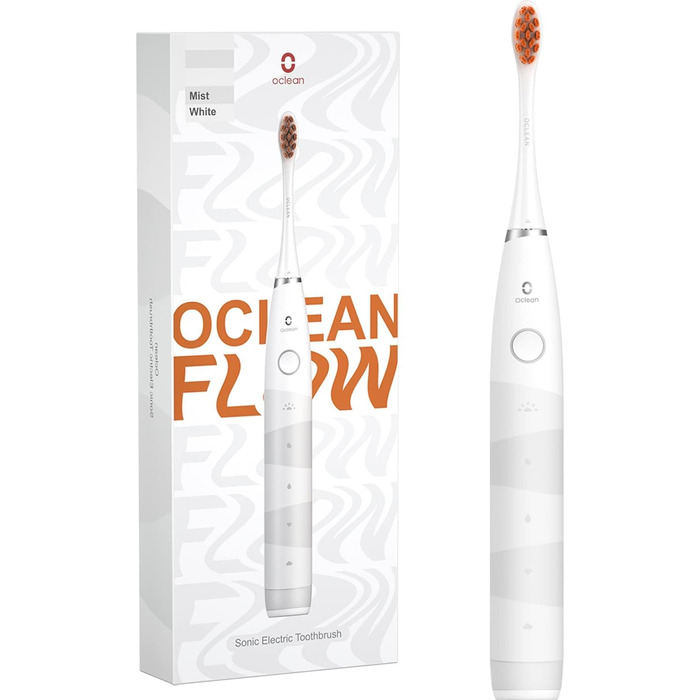 Електрична сонічна зубна щітка Oclean Flow Gift Set, біла: 5 режимів, 180 днів автономної роботи, водонепроникність IPX7, набір з 6 насадок та дорожнім футляром