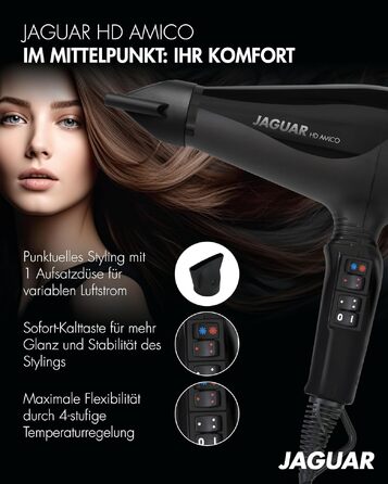 Професійний фен для волосся JAGUAR HD AMICO, 3 температурні та 2 швидкісні режими, кнопка холодного обдуву, кабель 2.8м, Made in Italy