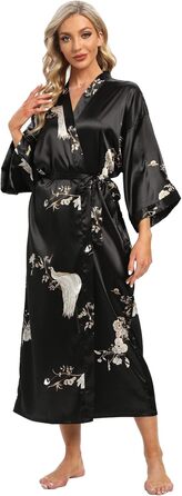 Жіночий халат з довгим рукавом з шовку, сатин, кімоно, квітковий принт, чорний, універсальний розмір