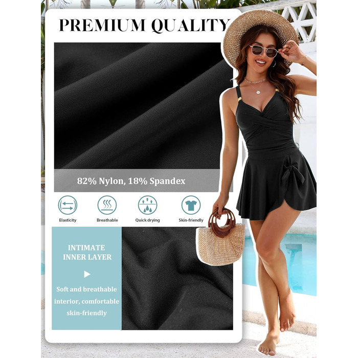 Елегантний купальник для жінок Badeanzug Damen, цілісний, з драпіруванням, приховує животик, V-подібний виріз з пуш-ап чашечками, плаття-купальник Swimdress, чорний, розмір L