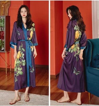 Халат жіночий атласний максі довгий, шовковий кімоно, халат для ванної кімнати, літня роба, піжама, вечірній халат, квітковий принт, темно-фіолетовий (один розмір)