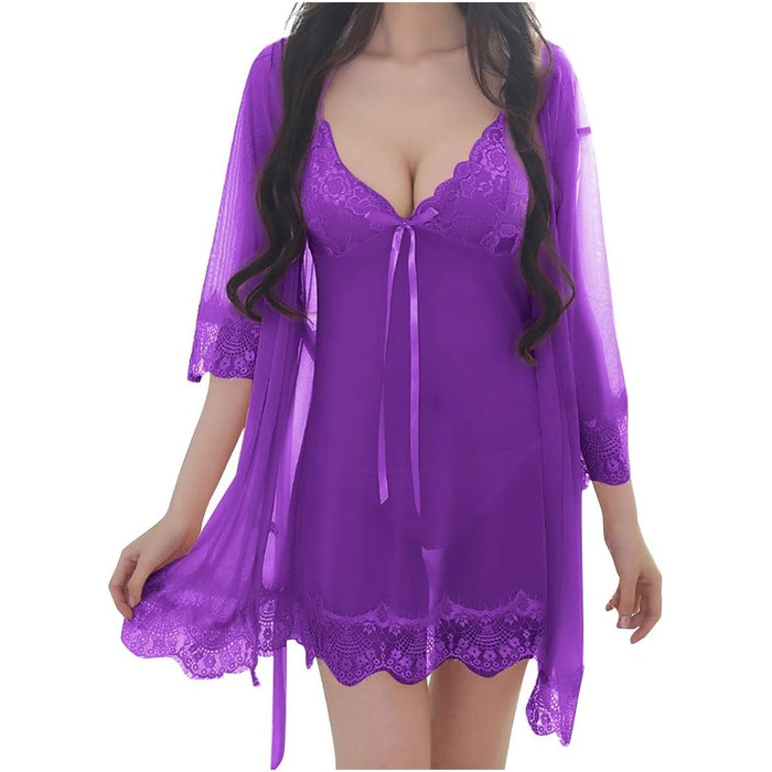 Халат жіночий Atin Nachtwäche з квітковим принтом, V-подібний виріз, нічний халат, кімоно (Lila, XL)