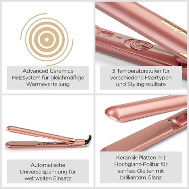 Випрямляч для волосся BaByliss Rose Gold 2598PE з керамічними пластинами, регулювання температури до 235°C, швидкий нагрів, універсальна напруга