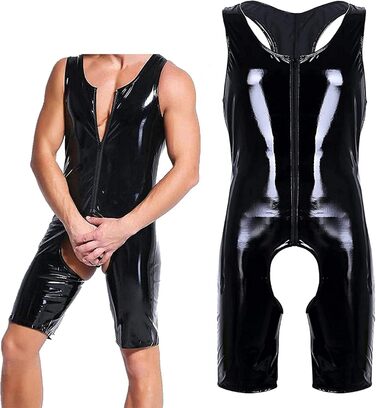 Чоловічий боді з лакованої шкіри, сексуальний, на блискавці, мокрий ефект, для вечірок, фетиш, бондтаж, чорний (XL)