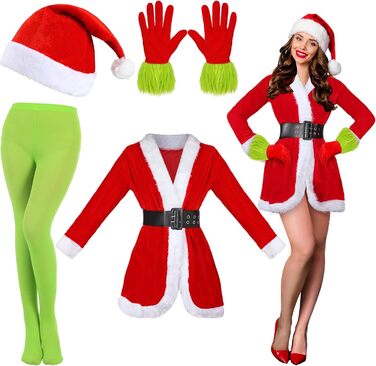 Костюм Діда Мороза Funtery для жінок, 5-ти частинний: сукня з поясом, шапка, смугасті панчохи, рукавички, жовтого та зеленого кольорів