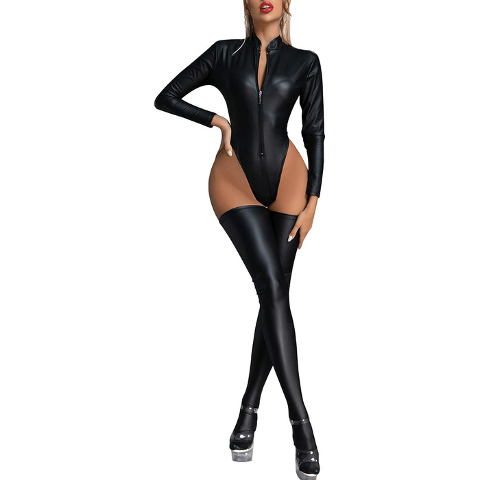 Комбінезон FEOYA з ефектом латексу для жінок, чорний, 5XL. Латексний боді з блискавкою, довгі рукави, для сцени, вечірок, клубів. Комбінезон з ефектом шкіри, довгі рукави, боді, ефектний, для сцени та клубів.