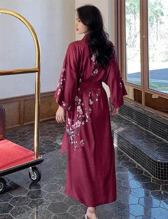 Жіночий халат з довгим рукавом з шовку, сатин, кімоно, квітковий принт, універсальний розмір (квіт павловнія, винний)