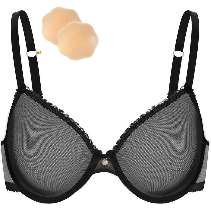 Чорний бюстгальтер Wingslove без пуш-ап з мереживом та прозорою сіткою, з силіконовими накладками на соски, 75C