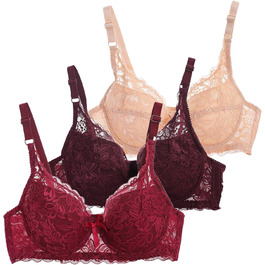 3 шт. комплект бюстгальтерів Fraun з кісточками для жінок з мереживом, регульований пуш-ап, сексуальний бюстгальтер для дівчат, дихаючий, м'який, зручний, Y2K, білизна, бюстгальтер для щоденного використання, #01 (червоний+винний+бежевий), 90C