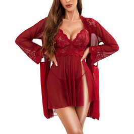 RSLOVE Сексуальний жіночий комплект нижньої білизни: мереживний халат, нігліж, боді з сітки, 3 шт. - Вишневий