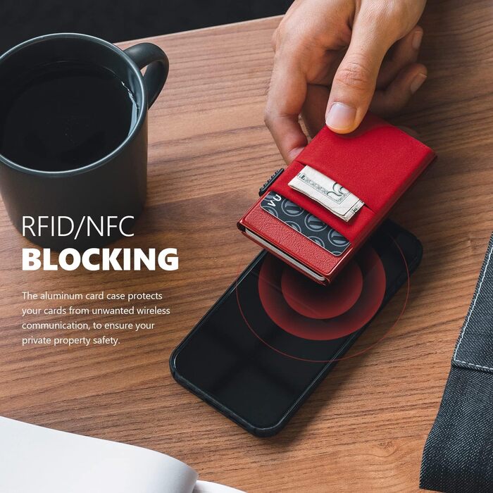 Стильний металевий гаманець для карток VULKIT з RFID-захистом, Pop-Up механізмом, EDC-відсіками та вікном для ID-картки, червоний