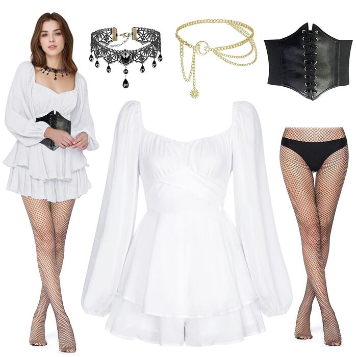 Костюм пірата для жінок, 5 предметів: сукня, таліювання, намисто, пояс, панчохи. Ідеально для Хелловіну, карнавалу, вечірок