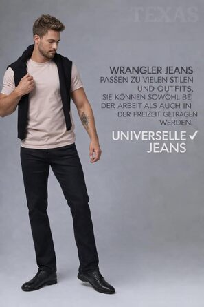 Чоловічі джинси Wrangler Texas Regular Fit Stretch — прямі денімові штани з бавовни, Black Overdye (чорний)