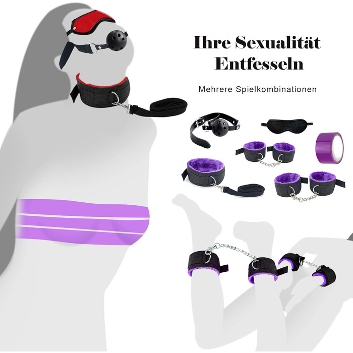 Набір для БДСМ: кайдани, наручники, анальний плагін, кліпси для сосків, плетіння, маска для очей, 28 шт. (фіолетовий)