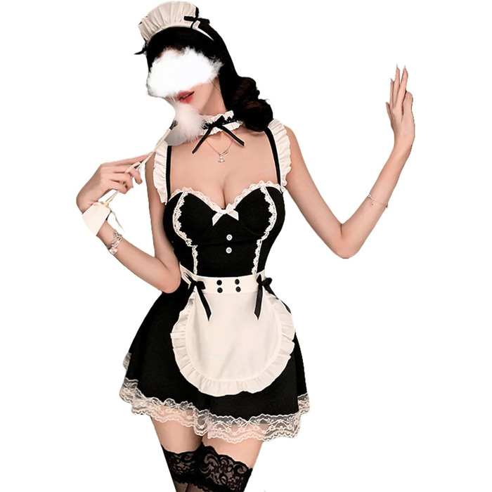 Костюм горничної JasmyGirls для жінок: чорний комплект з мереживом, мереживний костюм для косплею, мереживний набір, X-Small - Medium