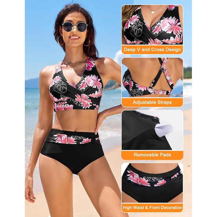 Бікіні жіночий комплект Nadeer: сексуальний V-подібний виріз, push-up, двочастинний, висока талія, рожевий, квітковий принт