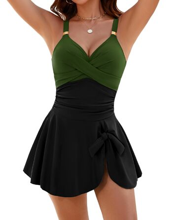 Купальник жіночий Badeanzug одноцільний з драпіруванням, животик, V-подібний виріз з підтримкою грудей, плаття для плавання Swimdress, літній, пляжний, чорно-зелений, XL