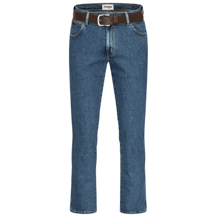 Чоловічі стрейч-джинси Wrangler Texas Regular Fit Authentic Straight (Stonewash) з коричневим ременем, розмір 50W / 32L