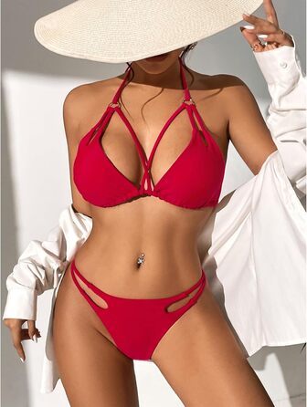 Бікіні Durio для жінок, Push-up, сексуальний комплект з 2 частин з трикутними трусиками, регульовані бретелі, широкі чашечки (Червоний, 38-40)