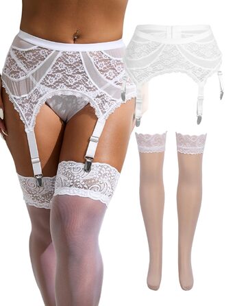Сексуальні панчохи з ремінним поясом, мереживні панчохи та стрінги, комплект нижньої білизни для пишних форм, 20 DEN, великі розміри, широкий стрінг, набір у коробці (XL-XXL, білий)