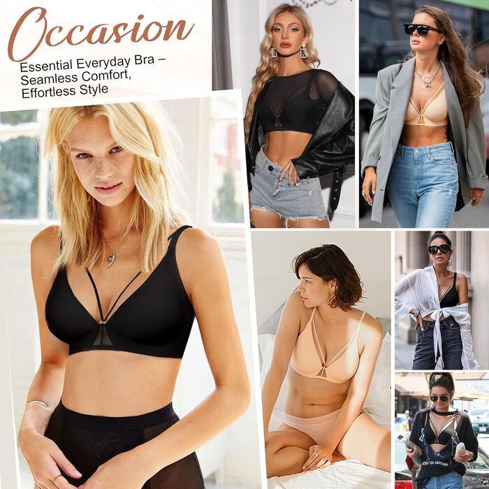 Чорний бюстгальтер без кісточок Push Up, безшовний, для сну, V-подібний виріз, класичний, M