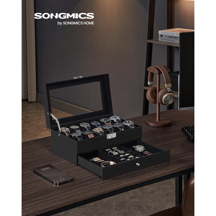 Бокс для годинників SONGMICS зі скляною кришкою на 12 годин, 2 рівні, з замком та шухлядою, чорний (JWB012B03)