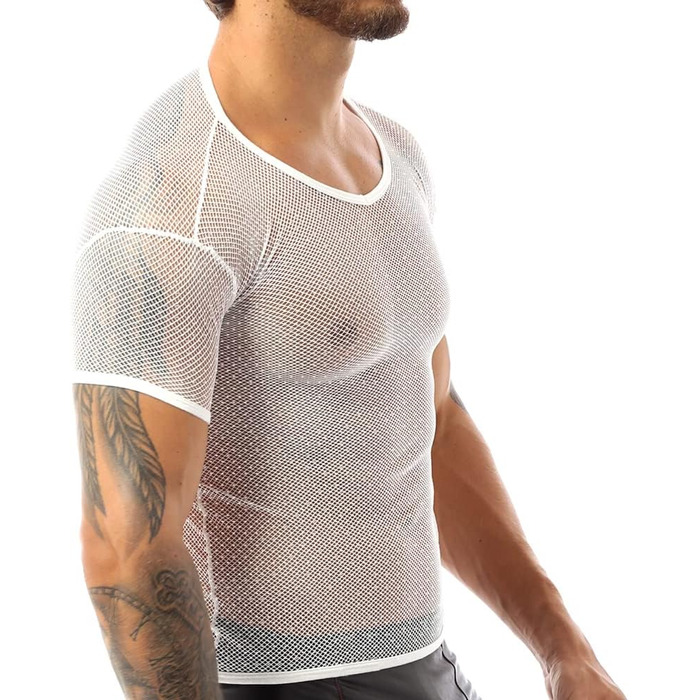 Чоловіча футболка з сітчастою тканини з короткими рукавами, спортивна, для м'язів (XL, білий)