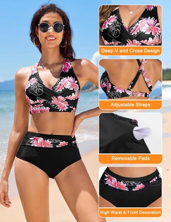 Бікіні жіночий комплект Nadeer: сексуальний V-подібний виріз, push-up, двочастинний, висока талія, рожевий, квітковий принт