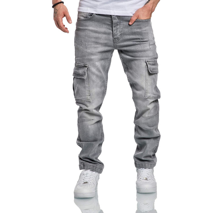 Чоловічі джинси-карго Amaci&Sons Regular Slim Denim з ефектом Destroyed, світло-сірі (40W / 30L)