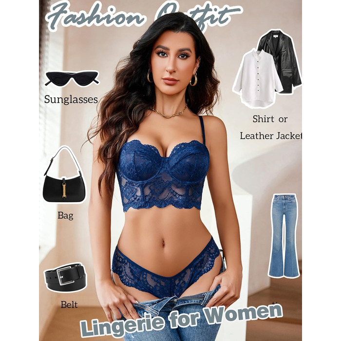 Avidlove Комплект спідньої білизни для жінок: бюстгальтер з кісточками, мереживна пікантна білизна, babydoll, нічна сукня, чорний (M, блакитний)