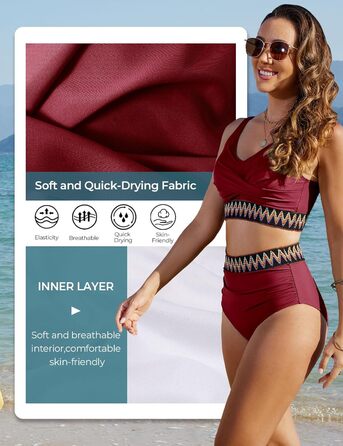 Бікіні жіночий комплект з високою талією, суцільний купальник двочастинний, сексуальний V-подібний виріз, push-up, кольоровий смугастий, великі розміри, пляжний, басейн, бордовий