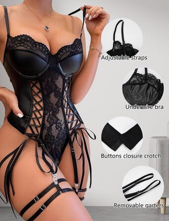 Сексуальний комплект спідньої білизни з екошкіри для жінок: еротичний нігліж та боді, чорний, S-XL