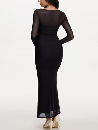 REORIA Максі-сукня для гостей на весілля: довге плаття з довгими рукавами, квадратний виріз, мереживна тканина, обтягуючий крій (Чорний онікс, XS)