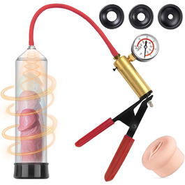 Ручна вакуумна помпа для збільшення пеніса NAIXBTY для чоловіків з 3 силіконовими кільцями, манометром та зручним ручним захватом