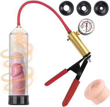 Ручна вакуумна помпа для збільшення пеніса NAIXBTY для чоловіків з 3 силіконовими кільцями, манометром та зручним ручним захватом