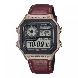 Чоловічий цифровий годинник Casio AE-1200WHL-5AVEF зі світовим часом та шкіряним ремінцем