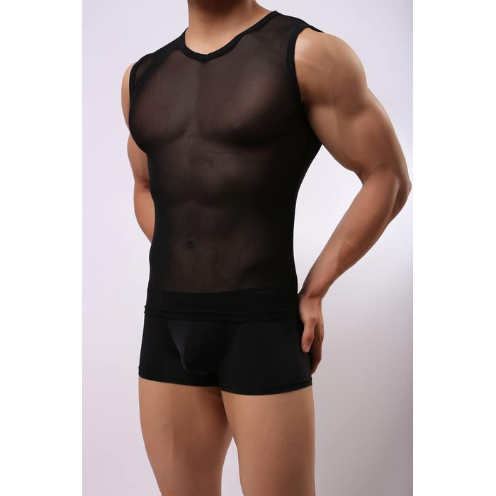 Чоловіча майка-топ з сіткою, прозора мускул-майка без рукавів, чорна, для клубу