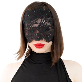 Маска для обличчя з мережива з чорного кольору з зеленими стразами, еластична мережива, атласна стрічка, маскарадний костюм чорного кольору (зелені стрази)