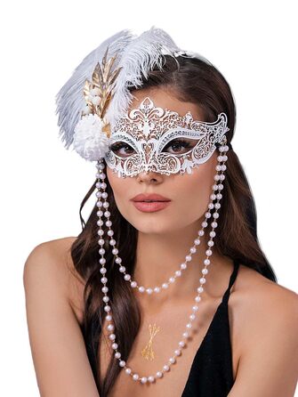 Маска для жінок IYOU, біла, з пір'ям та перловим намистом, для карнавалу, вечірки, балу
