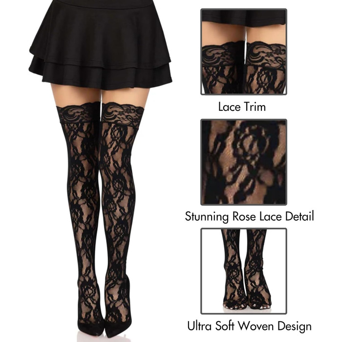 Чорні мереживні панчохи з мереживним топом Leg Avenue 9762 для жінок, універсальний розмір (EUR 36-40)