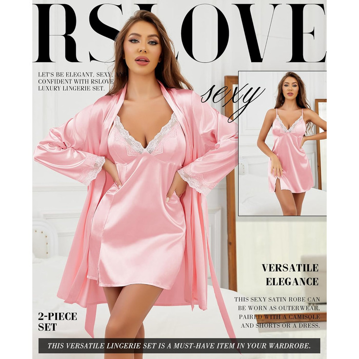 RSLOVE Комплект ніжної сукні та трусиків з мереживом, комплект спідньої білизни (XXL, Рожевий)