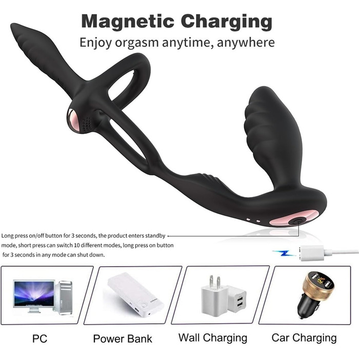 Вібратор для чоловіків 3-в-1: масажер простати, анальний плагін та кільце для статевого члена. 9 режимів вібрації, дистанційне керування.