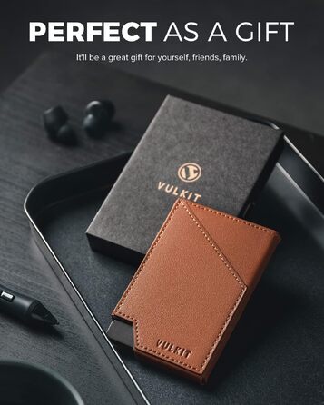 Чоловічий гаманець-картхолдер VULKIT з RFID-захистом, сліма металевий портмоне з висувним механізмом для карток, купюр та монет, коричневий