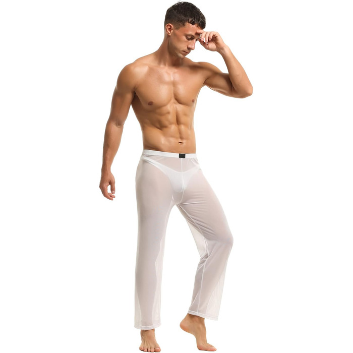 Чоловічі прозорі штани з мережива, нічна сорочка, спідня білизна, штани з нейлону, довгі прозорі штани, мереживні штани änner, штани з тонкої сітки, матеріал - тюль (M, білий)