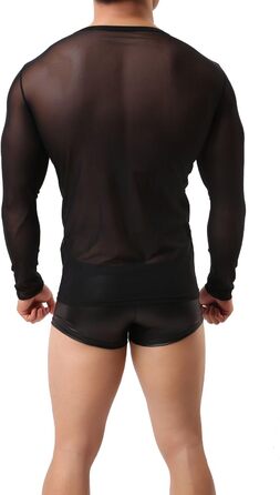 Чоловіча прозора чорна майка з довгим рукавом - нічна сорочка, сексуальна білизна, обтисла футболка з еластичних волокон, чорна майка-сітка L-XL