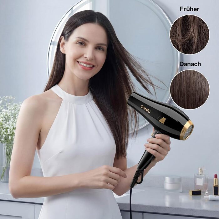 Професійний фен для волосся CONFU 2400W з іонізацією, дифузором та вузьким соплом, 2 швидкості та 3 температурні режими, AC-мотор, чорний